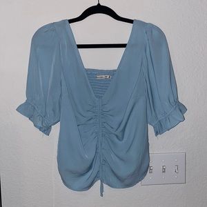 Abercrombie Light Blue Cinched Front Puff Sleeve Blouse Top